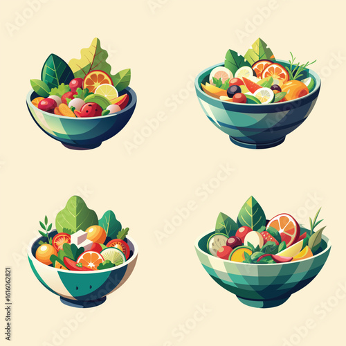 Fresh Fruit and Vegetable Bowls – Flat Vector Illustrations of Organic Healthy Food for Diet and Nutrition
