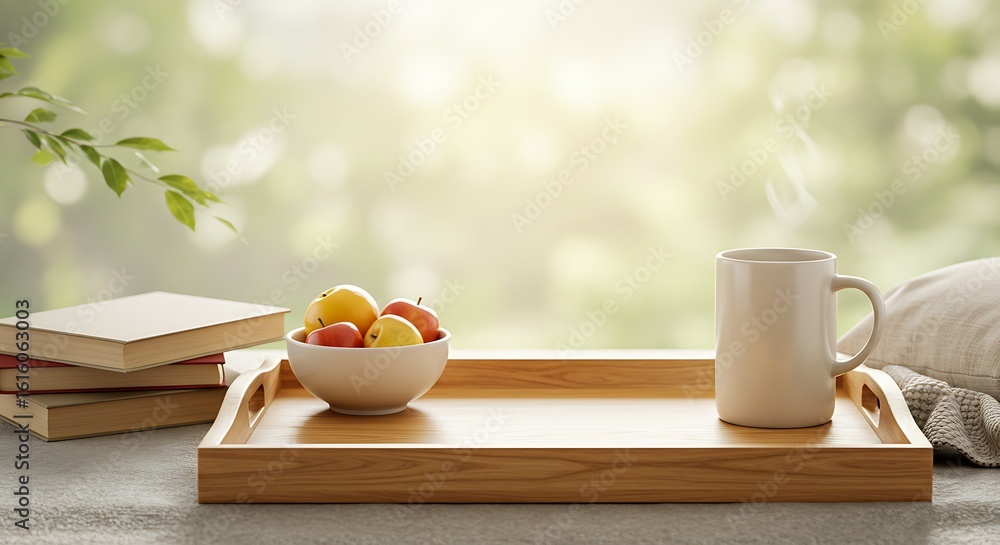 Minimalist Wooden Tray with Apples Coffee Mug and Books on Windowsill in Bright Natural Light Minimalist Wooden Tray with Apples Coffee Mug and Books on Windowsill in Bright Natural Light