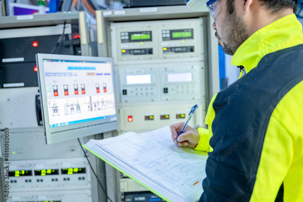 Εκτύπωση καμβά Electrical engineer woman checking voltage at the Power Distribution Cabinet in