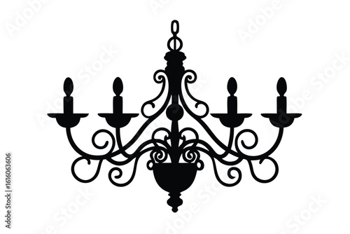 Vector art of a black silhouette of an ornate, multiarmed chandelier with candleshaped lights, isolated a illustration