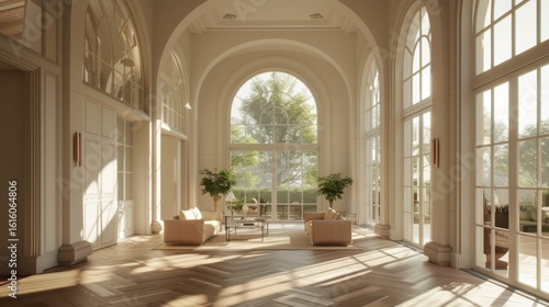  Elegant interior with arched windows and herringbone floor showcasing classic architecture and bright natural light creating a serene and sophisticated ambiance