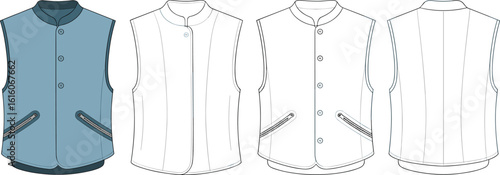 Men’s sleeveless zippered vest technical flat sketch, fashion CAD template with front and back view, zipper pockets, vector illustration