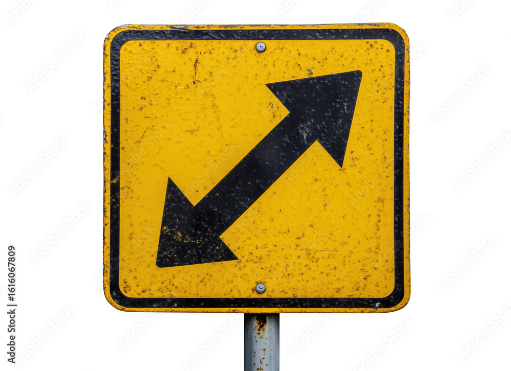Weathered diagonal arrow street sign on yellow background against transparent background Weathered diagonal arrow street sign on yellow background against transparent background