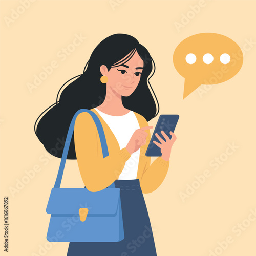 Young Woman with a Blue Bag Texting Illustration, messaging concept, 