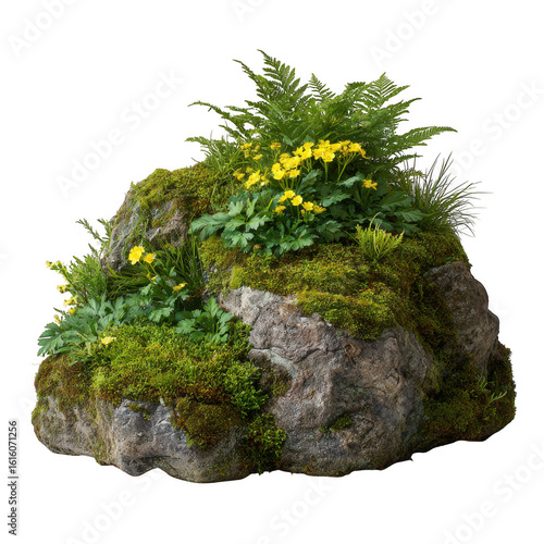 Moss covered rock with delicate yellow wildflowers and lush green ferns isolated on transparent background
