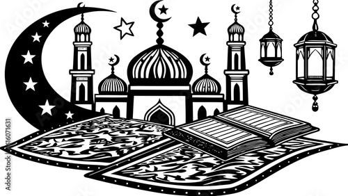 Illustration of a mosque with a crescent moon stars lanterns carpets and an open book in black and white