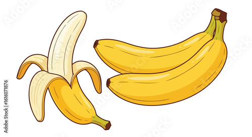 Cartoon Illustration of Ripe Bananas One Peeled Fresh and Yellow.