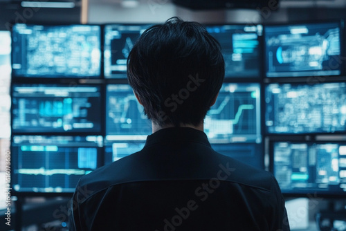 Person viewing multiple screens displaying data graphs and code
