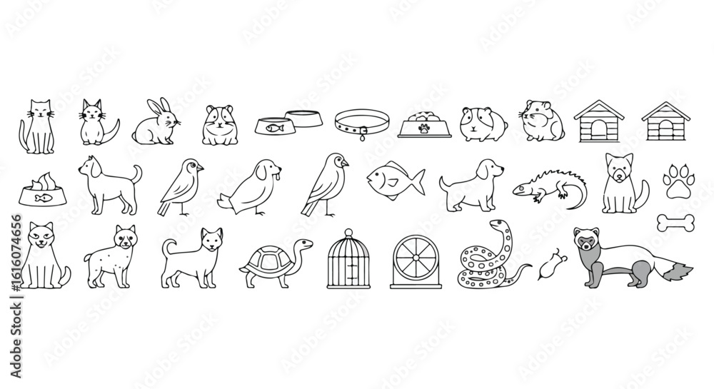 Fototapeta premium Collection of Cute HandDrawn Line Art Icons of Various Pets and Pet Accessories.