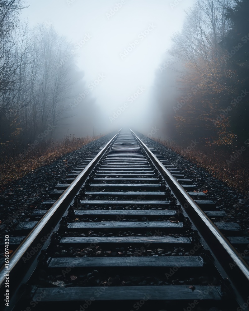 Fototapeta premium A low-angle shot looking down straight railway tracks that lead to a vanishing point in a dense, foggy forest. The moody, atmospheric scene evokes a sense of journey into the unknown