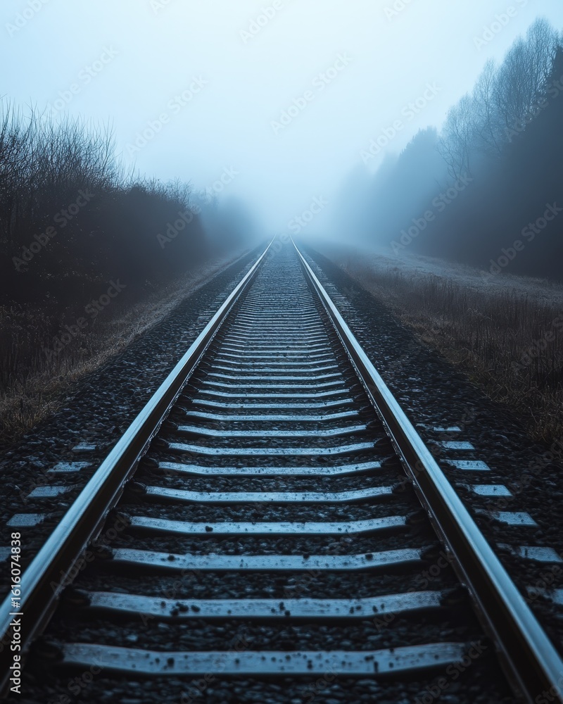 Fototapeta premium A low-angle shot looking down straight railway tracks that lead to a vanishing point in a dense, foggy forest. The moody, atmospheric scene evokes a sense of journey into the unknown