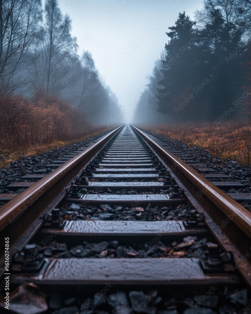 Fototapeta premium A low-angle shot looking down straight railway tracks that lead to a vanishing point in a dense, foggy forest. The moody, atmospheric scene evokes a sense of journey into the unknown