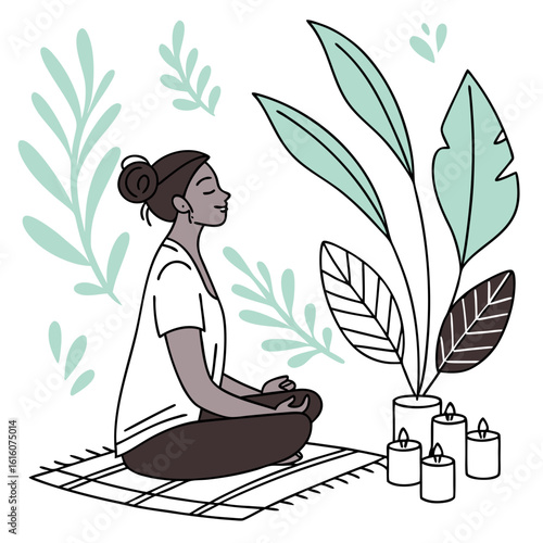Woman Meditating with Eyes Closed and Candle Setup – Daily Mental Health Routine