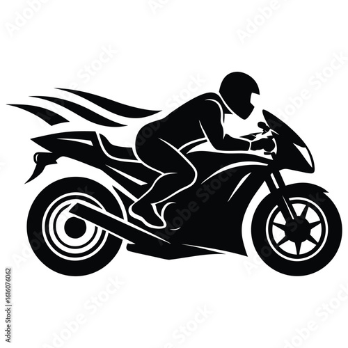 Stylized monochrome image of a motorcycle rider speeding with motion lines