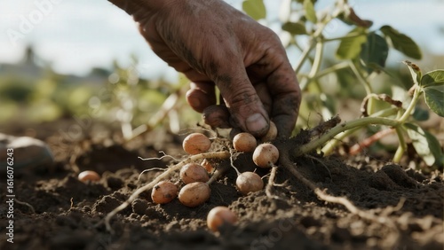 Farmer's hand harvesting fresh potatoes from the soil in a sunny field