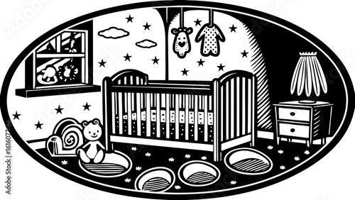 Illustration of a baby nursery with a crib teddy bear window and nightstand in black and white style