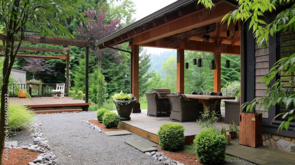 Obraz premium Rustic Covered Patio with Gravel Flooring, Greenery, and Modern Design