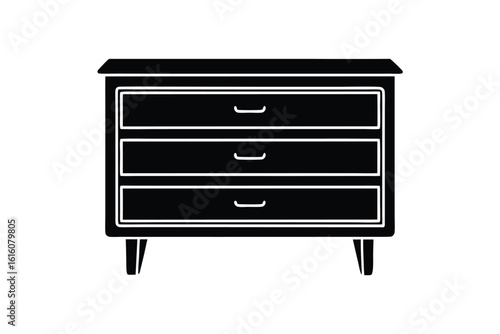 Vector art of a black threedrawer dresser with handles and legs, isolated a illustration