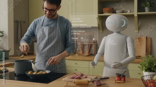 Man cooks with futuristic robot assistant displaying holographic recipe in modern kitchen setting