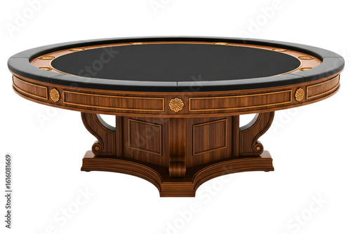 Round wooden poker table with a black top and leather rail isolated on a transparent background