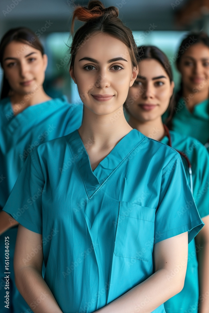 Fototapeta premium A group of medical professionals in teal scrubs stand together, ready to offer their expertise. The dedicated team is focused on providing the best possible patient care in the healthcare setting.