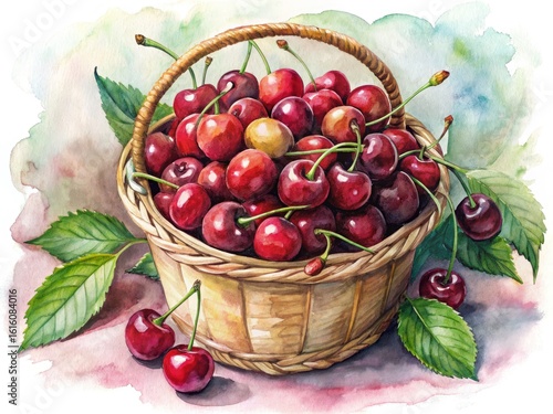 Eco Friendly Cherry Basket Watercolor Painting - Food Blog, Branding, Spring, Nature