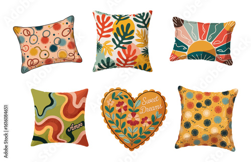 Flat vector illustration set of various handmade decorative pillows in different shapes, patterns, and textures. Isolated on transparent background, perfect for home decor and textile design