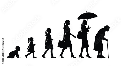 Female life stages black silhouettes baby child adult elderly woman with cane umbrella briefcase.