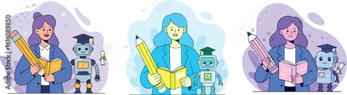 Flat Cartoon Illustration of AI in Education – Smart Learning, Personal Tutor, and Future of Digital Literacy