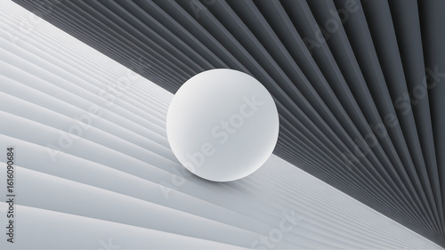 White sphere on a diagonal striped background abstract black