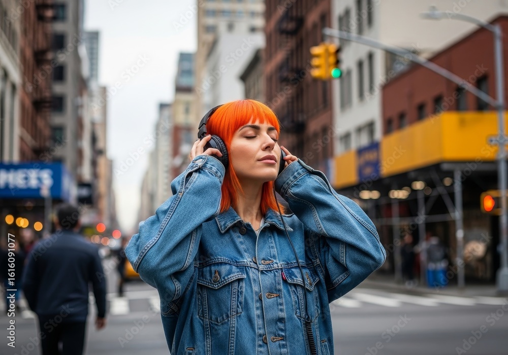 Fototapeta premium Woman Listening to Music in City Street - A young woman with bright orange hair enjoys music with headphones in a bustling city street