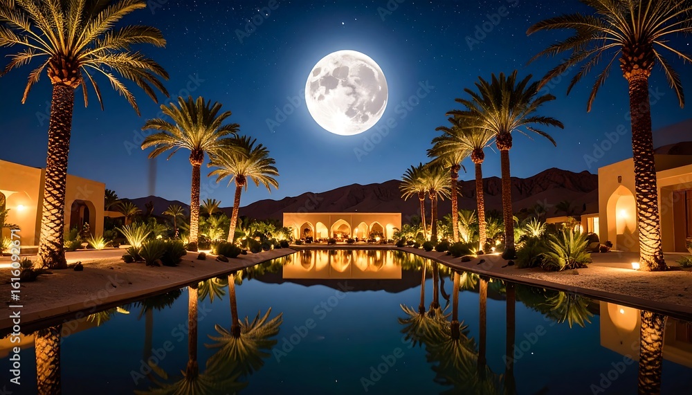 Obraz premium Serene Desert Oasis Under a Full Moon