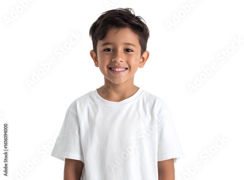 8-year-old Hispanic boy smiling, wearing a white t-shirt mockup, front view isolated on a transparent background.