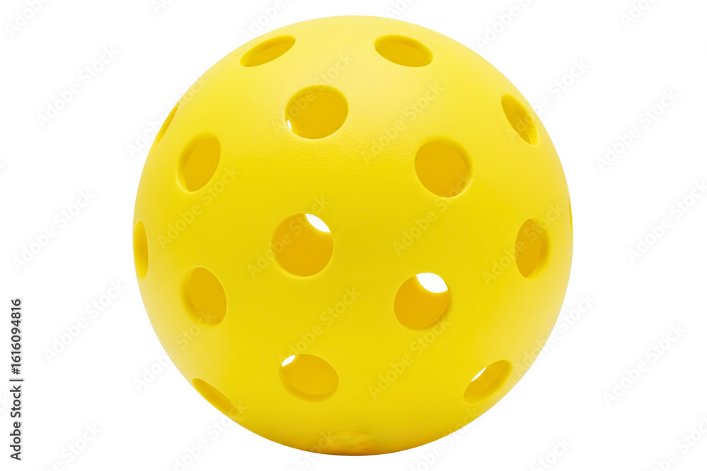 Close-up of a bright yellow plastic pickleball with holes isolated on a transparent background Close-up of a bright yellow plastic pickleball with holes isolated on a transparent background