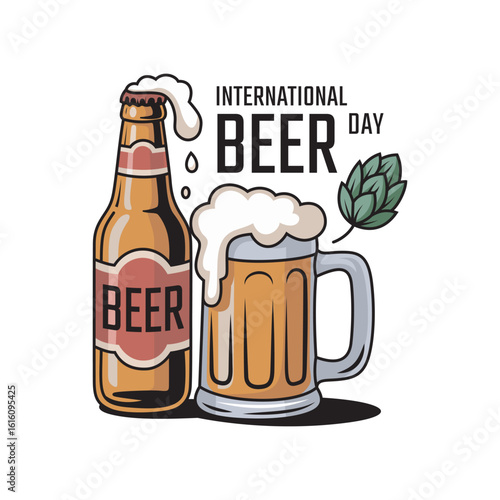 International Beer Day Celebration Vector: Classic Beer Bottle, Frothy Mug, and Hop Cone for Brewing, Pub, and Event Promotions