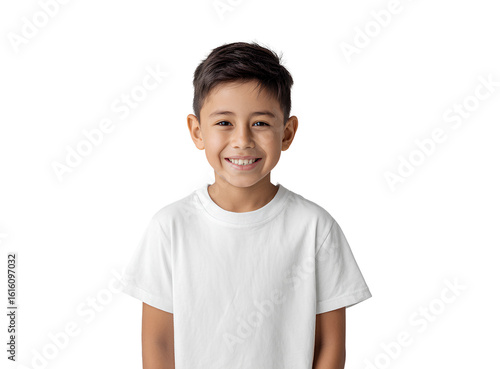 8-year-old Hispanic boy smiling, wearing a white t-shirt mockup, front view isolated on a transparent background.