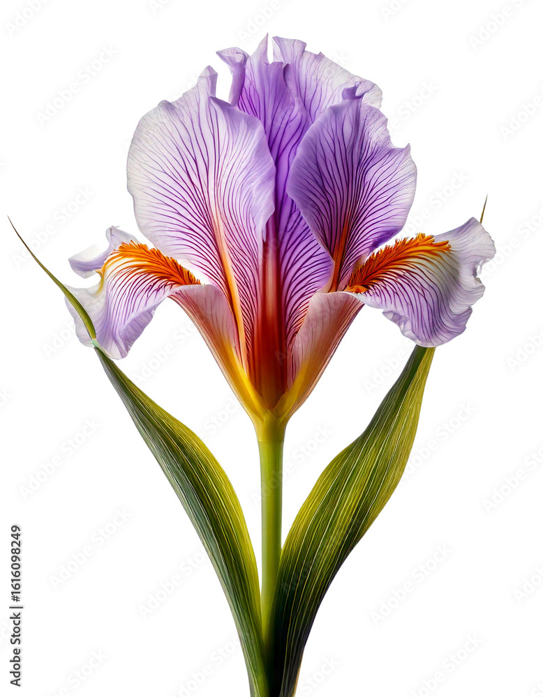 Fototapeta premium Delicate purple and orange iris flower with detailed petals on a transparent background