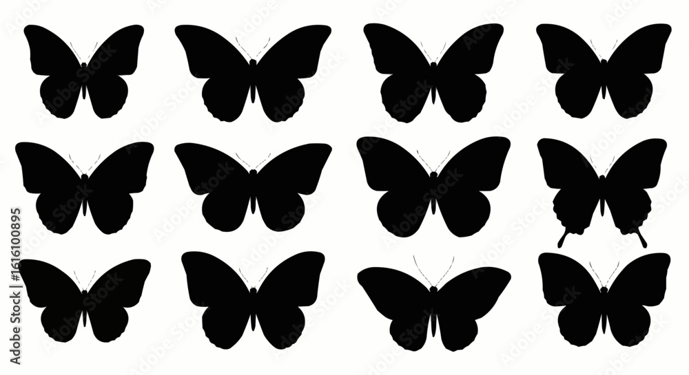 Fototapeta premium Butterfly Silhouettes Vector Set in Black on White Background