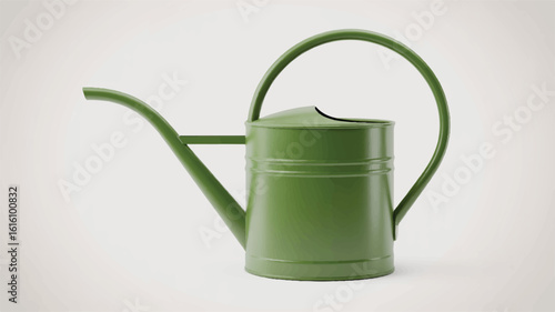 A product photo of a classic metal watering can in a matte kelly green color against a pure white background. 