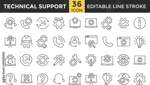 Technical Support Line Icon Set – Pixel Perfect and Outline Editable Stroke Icons for Repair, Customer Service, IT Helpdesk, Setup, and Assistance