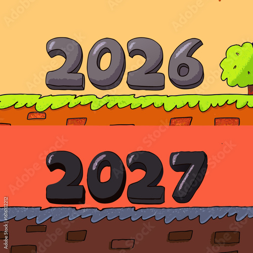 Cartoon style year progression from 2026 to 2027 with distinct backgrounds