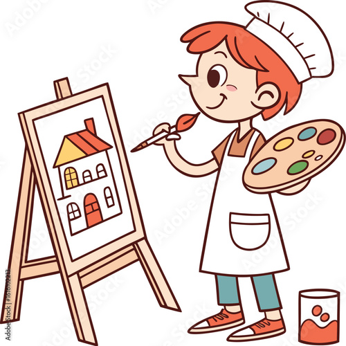 Little Red Haired Artist Painting Vector Art