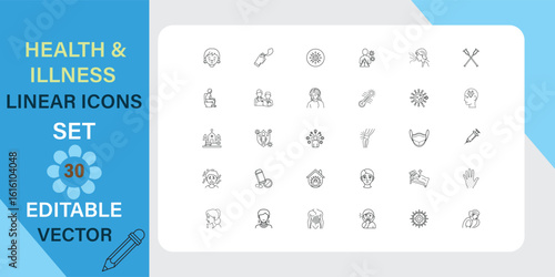 Set of 30 Editable Linear Icons for Health and Illness Concepts