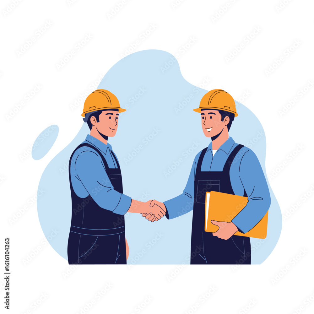 Two construction workers shake hands after completing a project agreement Two construction workers shake hands after completing a project agreement
