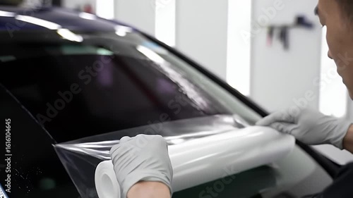 Car Window Tinting Process Applying Film by Technician in Automotive Service Center