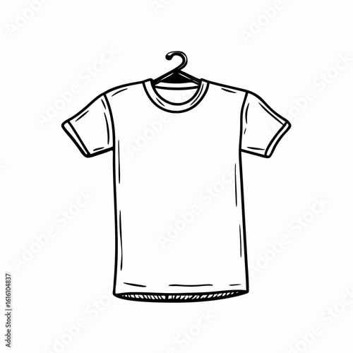 Simple hand drawn sketch of a white t shirt hanging on a black clothes hanger
