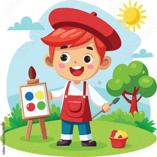 Vector of Boy Painting House in Graden Setting