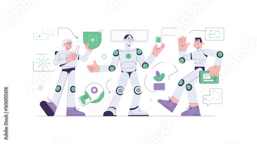 Futuristic Collaboration: Three Robots Showcase Tech Innovations and Data Analysis Solutions in a Modern, Minimalist Design