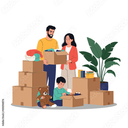 Happy family preparing to move to a new home together packing boxes with belongings