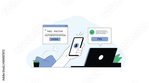 Two-Factor Authentication Illustration: Secure Online Login Process with Mobile Phone Verification and PIN Code Confirmation for Enhanced Security and Account Protection Measures